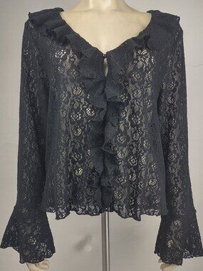 NWT Old Navy x Anna Sui black sheer lace ruffled V-Neck bell sleeve blouse XL
